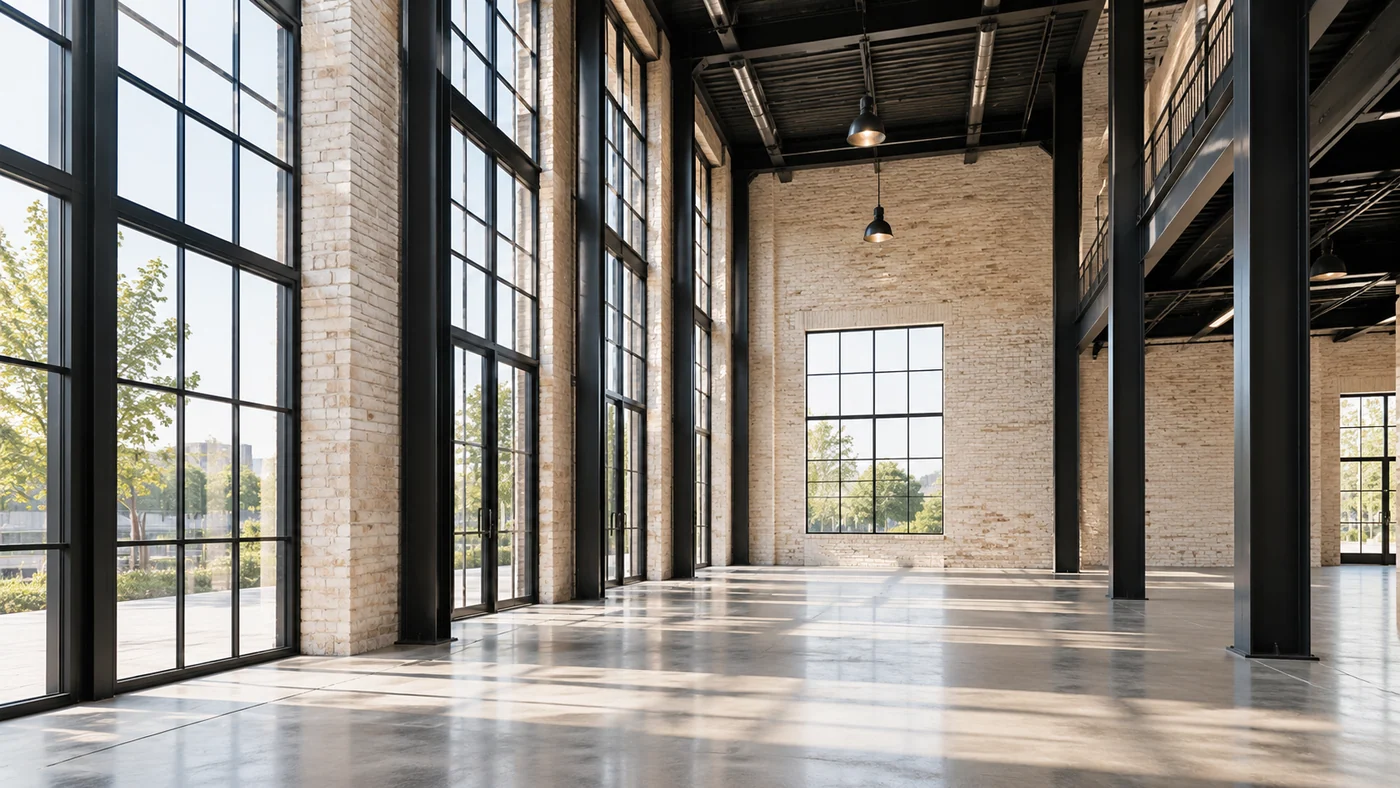 Pale masonry, glazing and steel columns in an architectural interior