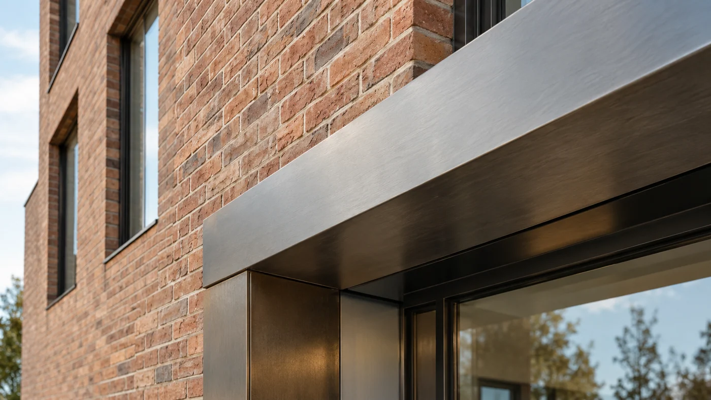 A brick façade meeting a precise metal edge