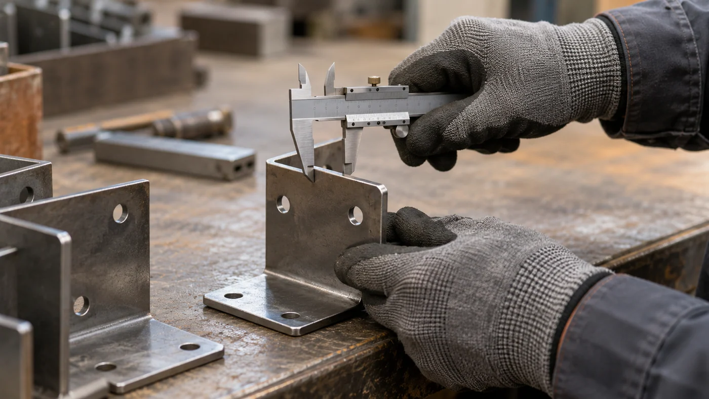 A metal bracket being measured using calipers