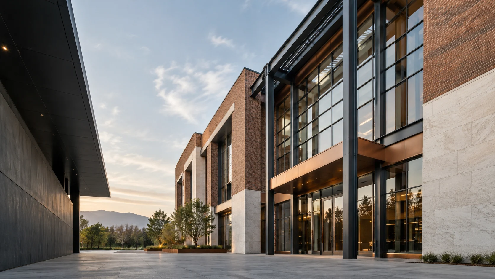 A contemporary building combining brickwork and metal details